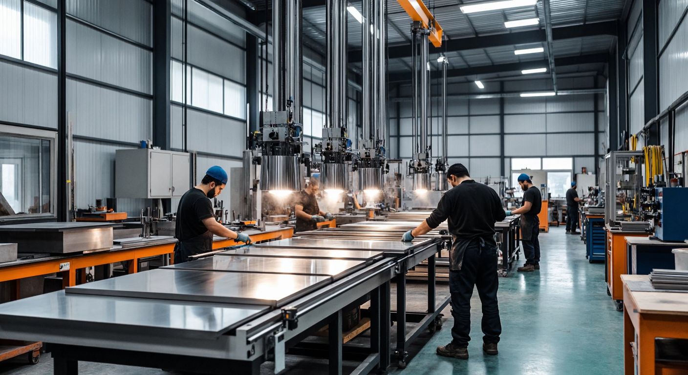 A modern industrial workshop in Istanbul with workers crafting sleek stainless steel and glass products, surrounded by gleaming metal sheets and precision tools.