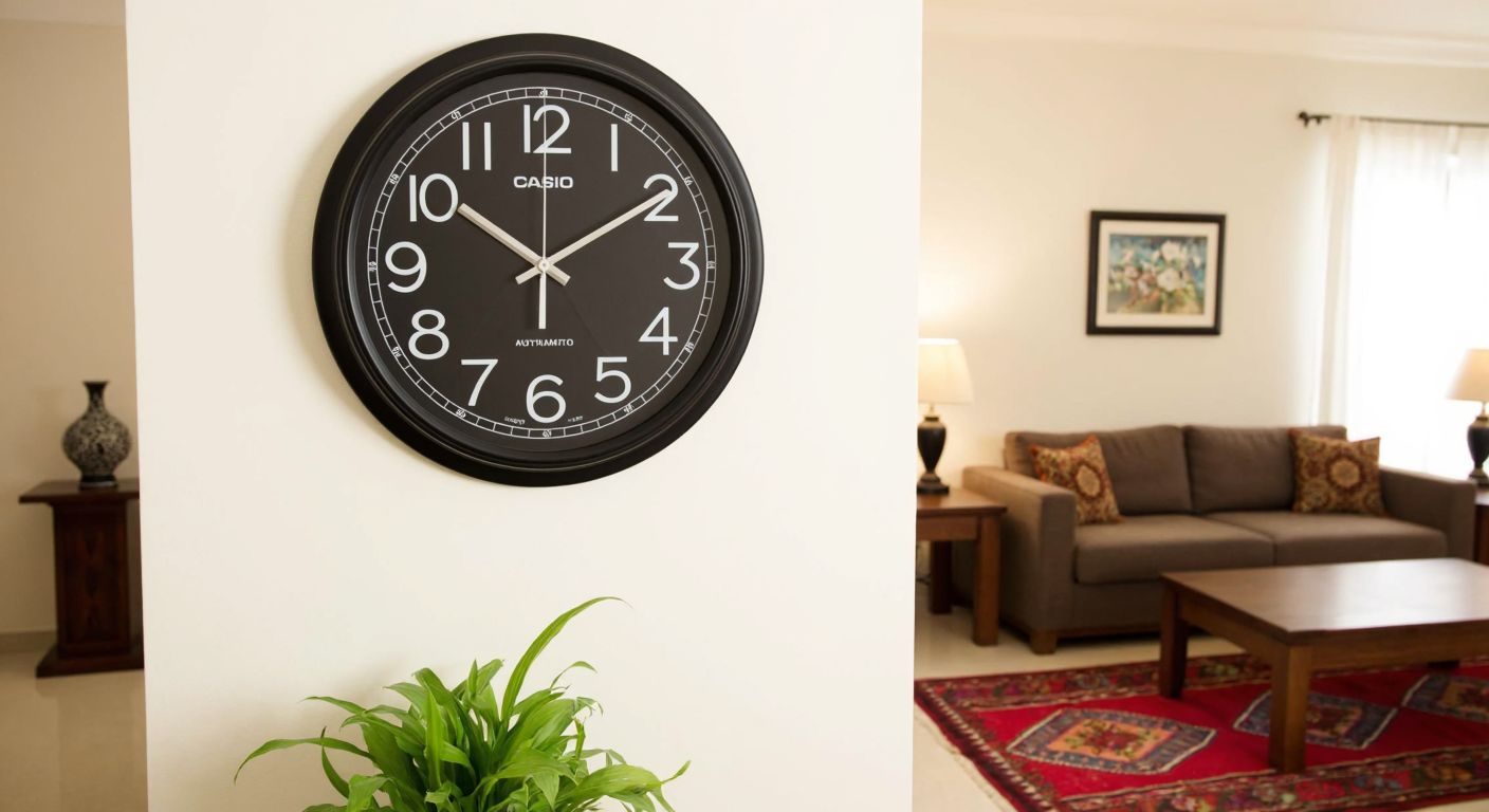 A sleek, modern Casio wall clock with a black plastic frame and white face hangs on a beige wall in a cozy Turkish living room with a red kilim rug and wooden furniture.