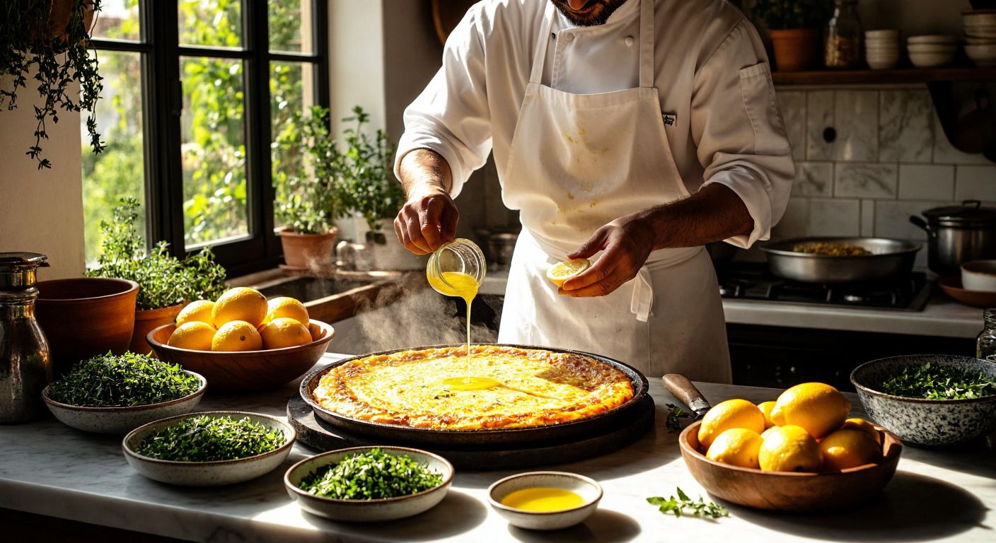 A chef in a white apron carefully drizzles fresh lemon sauce over a golden-brown dish in a sunlit Turkish kitchen, surrounded by bowls of herbs and citrus fruits.