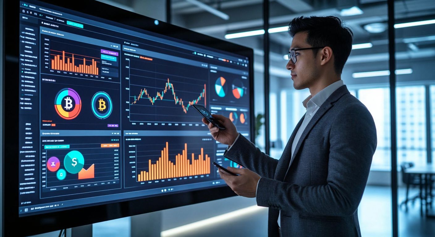 A modern, sleek digital dashboard on a glowing screen displays interconnected financial graphs and colorful crypto icons, with a confident young professional in a casual suit analyzing data in a minimalist, high-tech office.