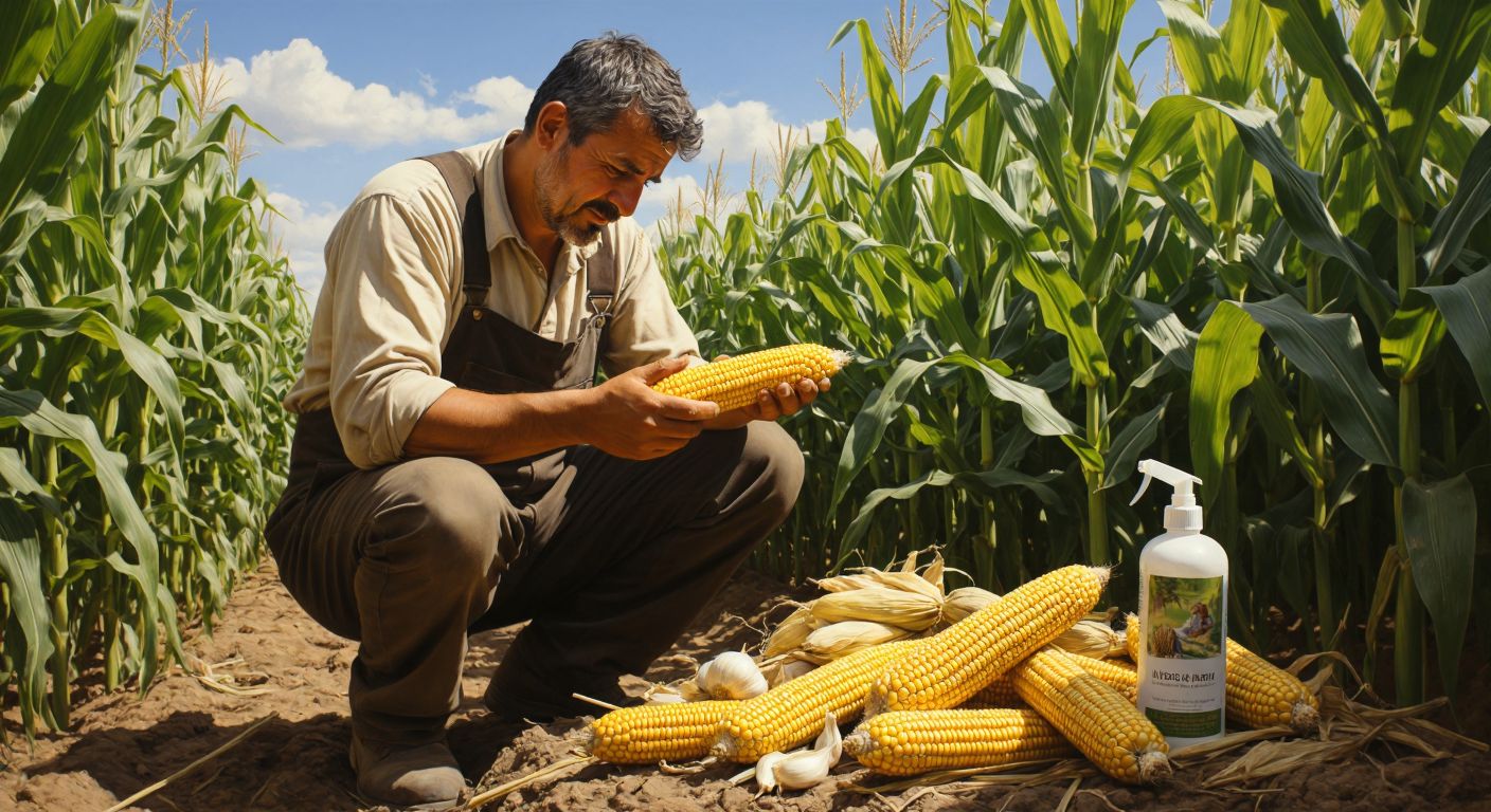 A Turkish farmer in a sunlit cornfield carefully examines golden corn cobs while holding a clove of garlic, with a spray bottle of natural insect repellent nearby.