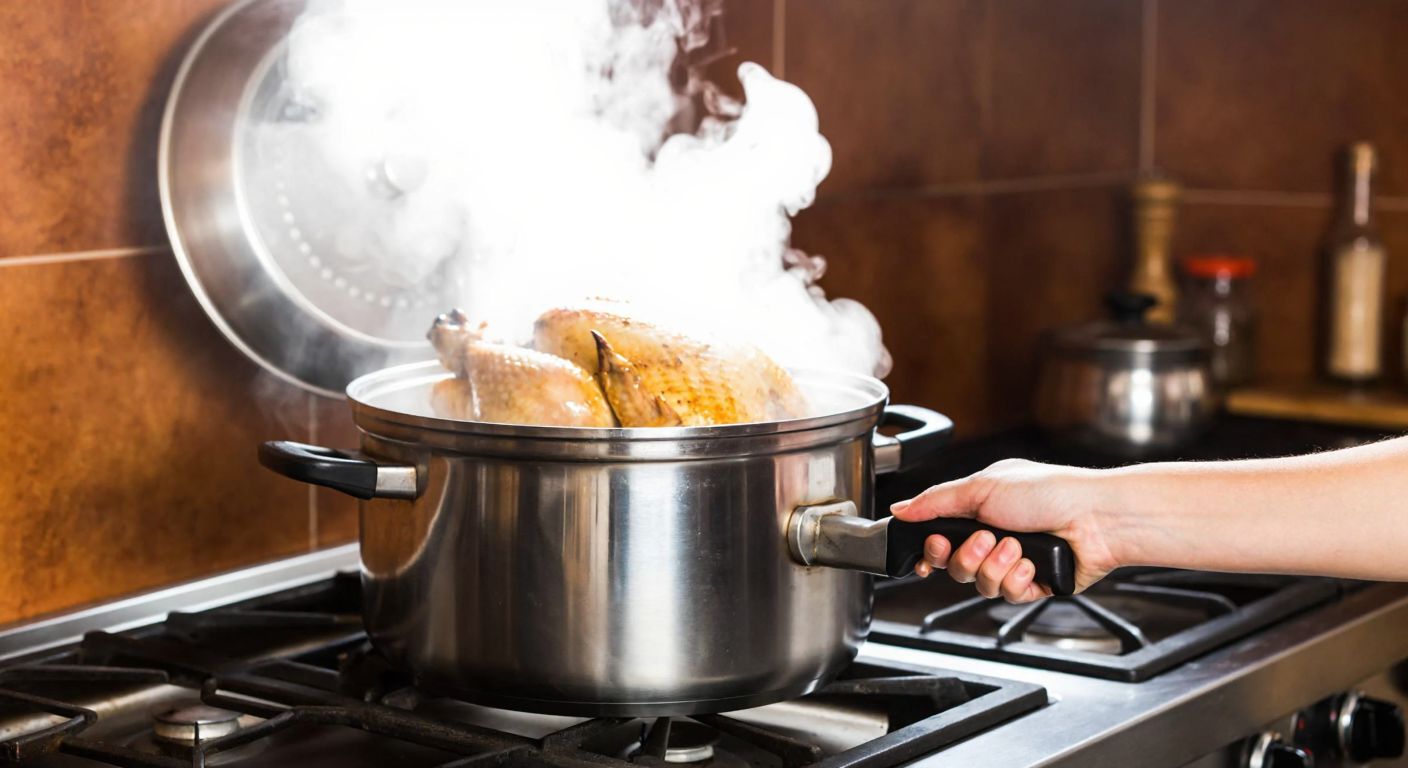 A steaming pressure cooker with a chicken inside sits on a stove in a Turkish kitchen, with a hand reaching to lower the whistle after it releases a burst of steam.