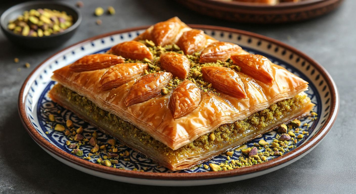 A golden, flaky baklava with carrot-shaped slices, layered with thin, ready-made pastry sheets, drizzled with syrup, and garnished with crushed pistachios on a traditional Turkish ceramic plate.