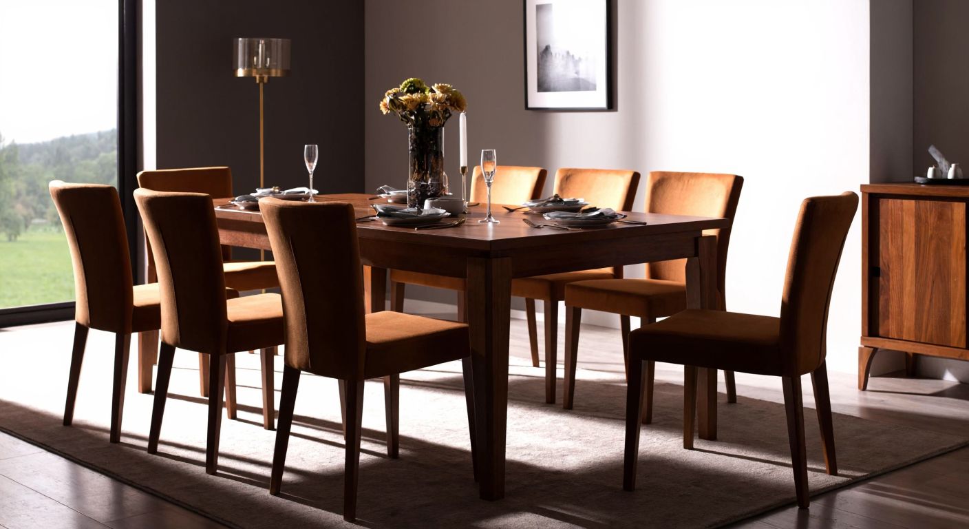 A modern Turkish dining room with a sleek wooden table set for six, surrounded by matching chairs, bathed in warm sunlight from a nearby window.