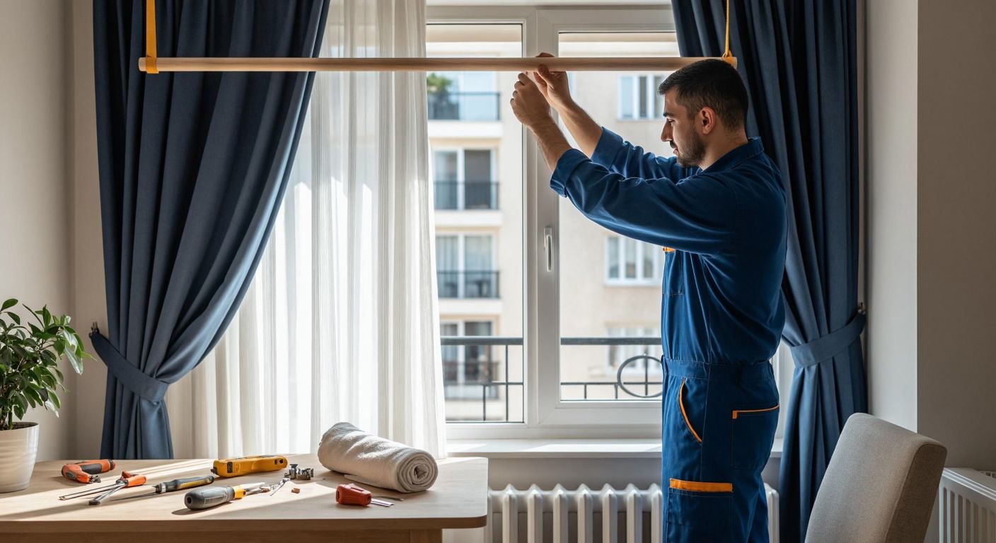 A Turkish handyman in a blue work uniform carefully installing a wooden curtain rod above a sunlit window in a modern apartment, with tools scattered on a nearby table and a half-unrolled curtain fabric draped over a chair.