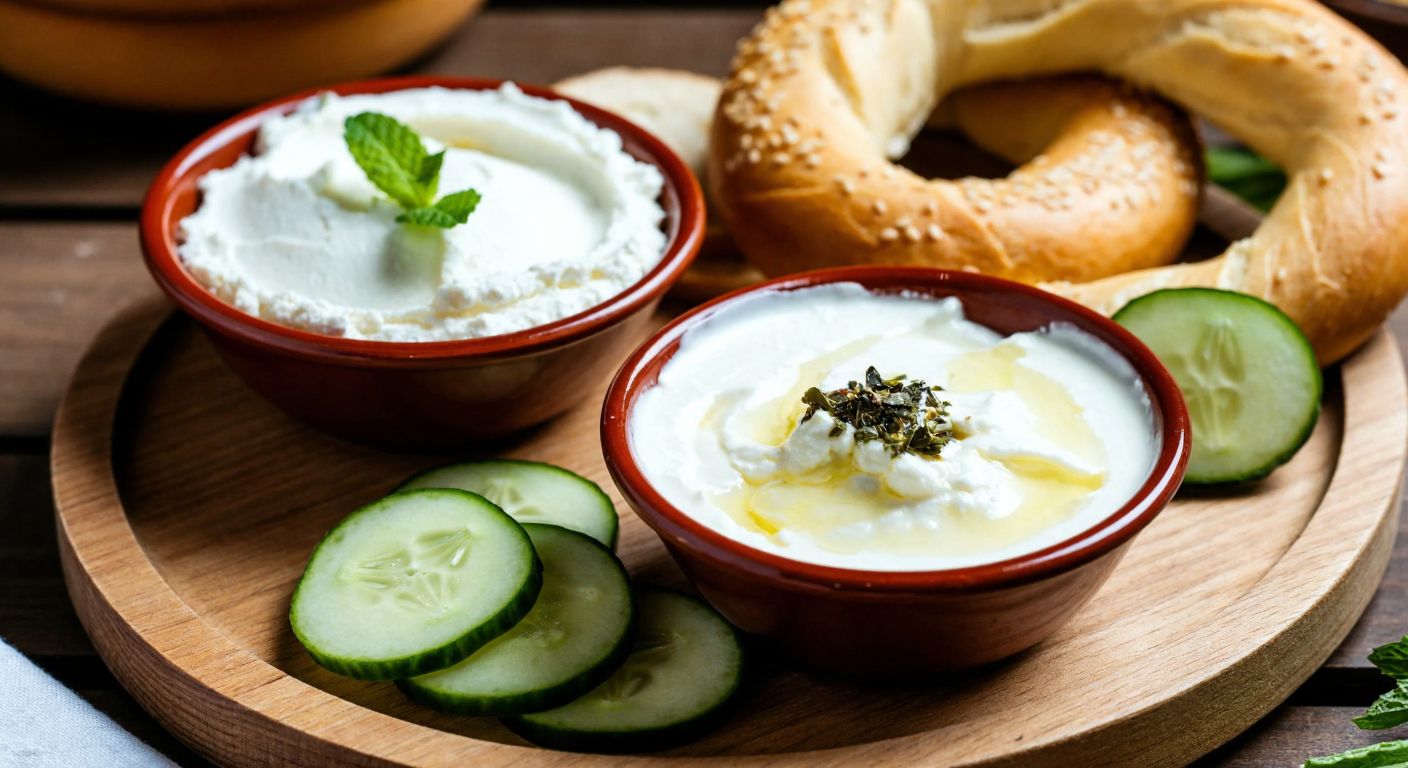 A rustic wooden table in a Turkish kitchen holds two small bowls—one with creamy white labne sprinkled with dried mint, the other with smooth, rich krem peynir, alongside fresh simit and sliced cucumbers.