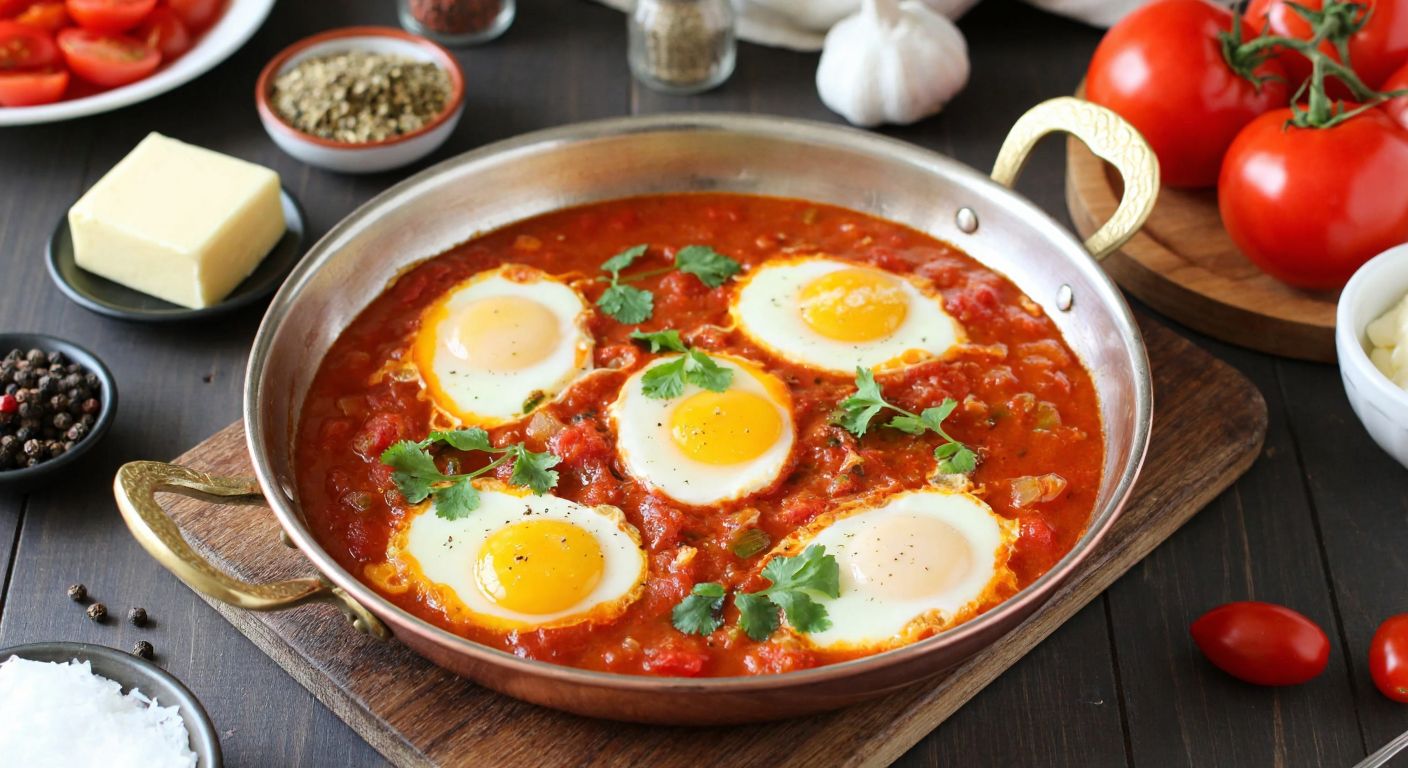 A rustic Turkish kitchen with a sizzling copper pan holding golden-yolked eggs simmering in a rich, spiced tomato and fenugreek sauce, surrounded by fresh ingredients like butter, tomatoes, and spices on a wooden counter.