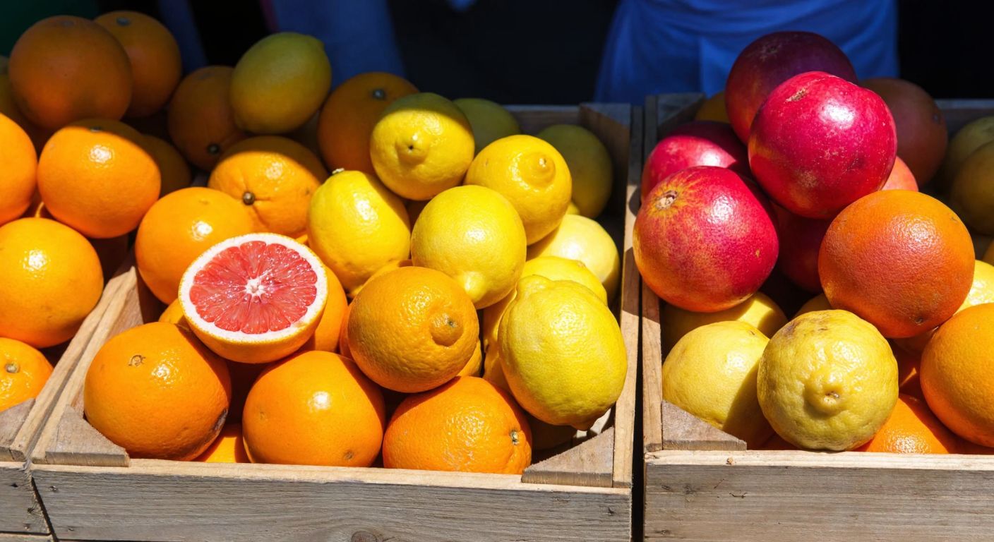 A vibrant wooden crate in a Turkish market overflowing with fresh citrus fruits—juicy oranges, bright yellow lemons, deep red grapefruits, and small fragrant tangerines—bathed in warm sunlight.