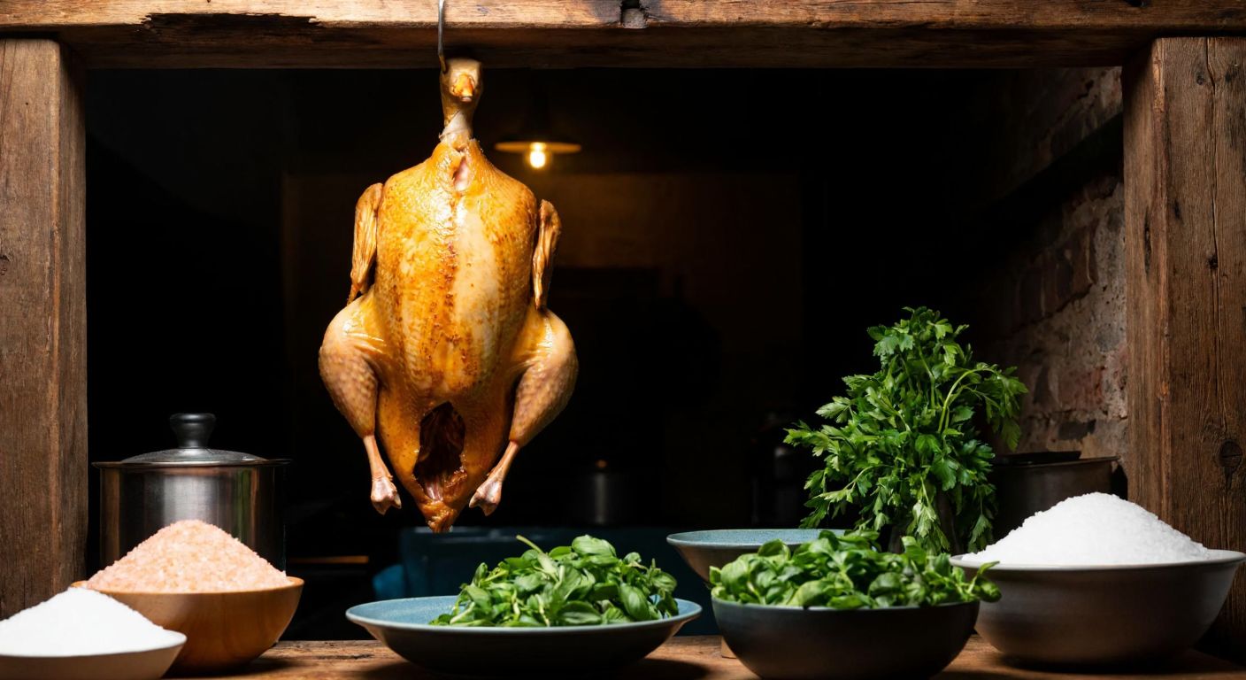 A rustic Turkish kitchen with a plump salted goose hanging from a wooden beam, surrounded by bowls of coarse salt and fresh herbs, under a cool, dim light.