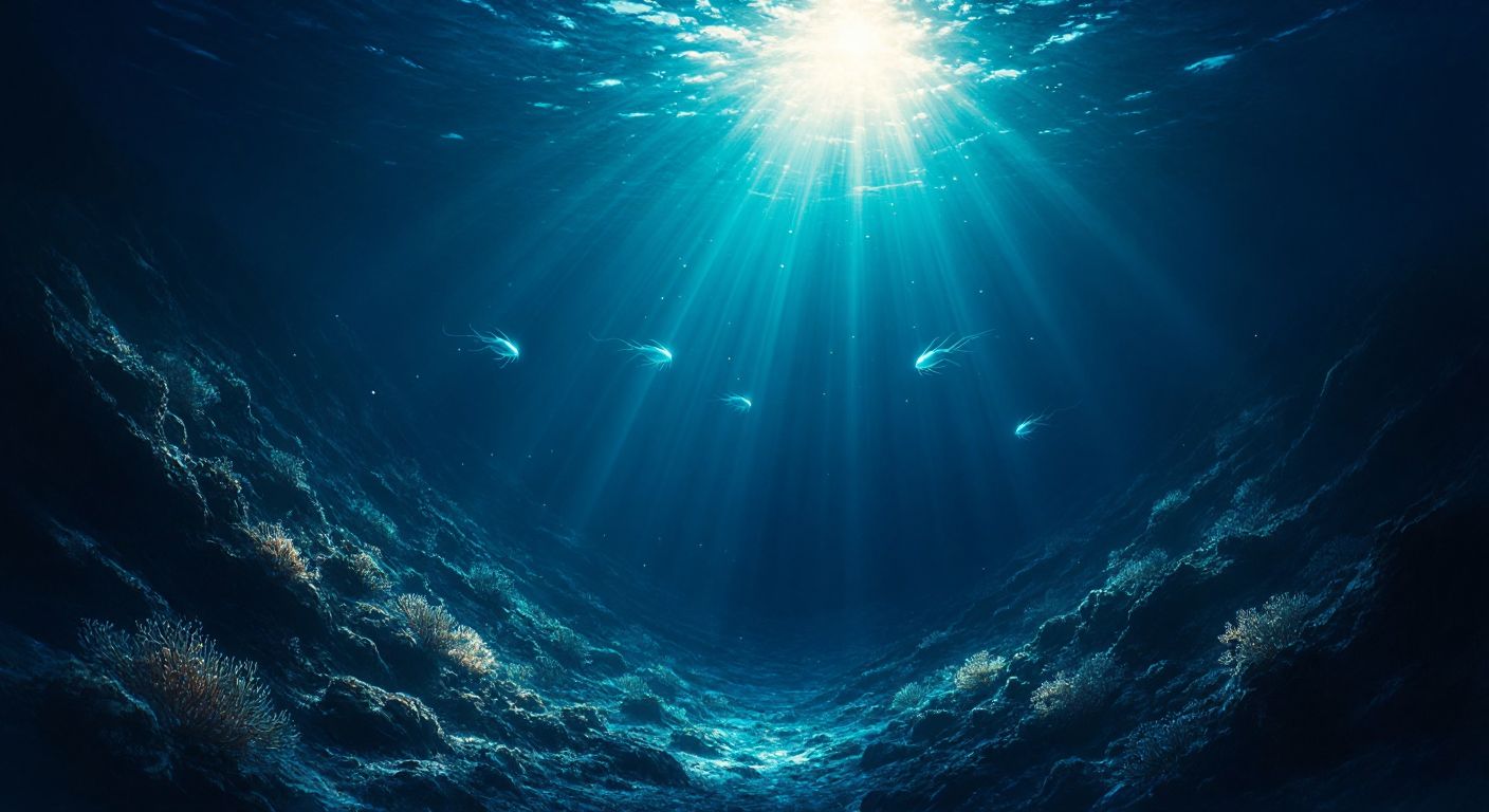 A vast, dark ocean trench with sunlight barely piercing the surface, fading into endless blue-black depths where strange, bioluminescent creatures drift silently.