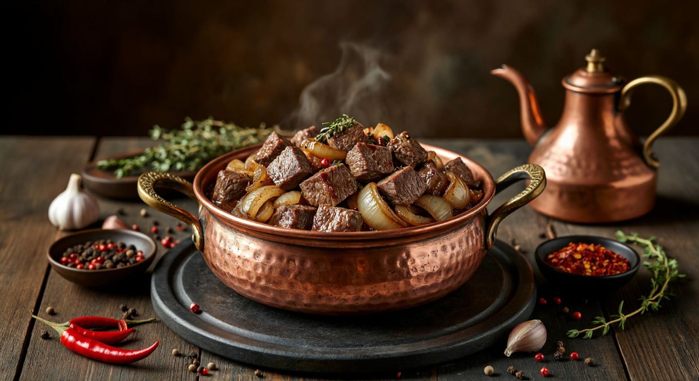 A rustic Turkish copper pot sizzling with cubed lamb, glistening tail fat, and caramelized onions, surrounded by scattered spices like red pepper flakes and thyme, evoking warmth and rich aroma.
