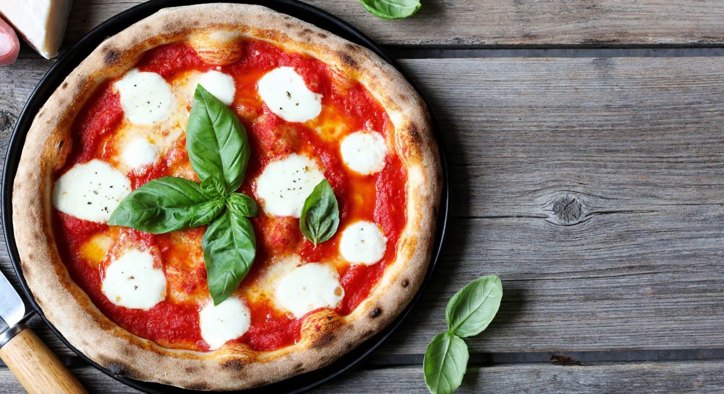 A freshly baked Margherita pizza with melted mozzarella, vibrant red tomato sauce, and green basil leaves, resting on a rustic wooden table in an Italian trattoria.