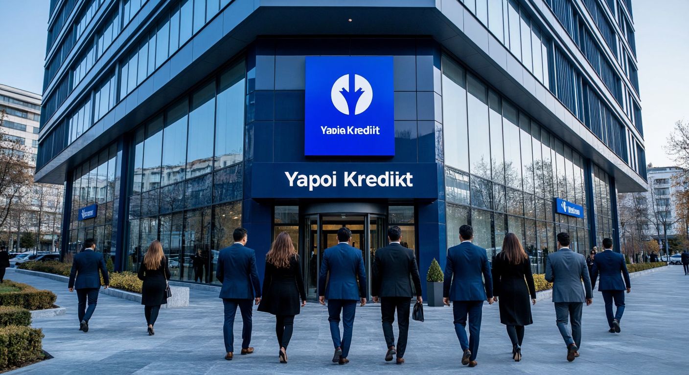 A modern bank building with the Yapı ve Kredi Bankası logo on its facade, surrounded by well-dressed Turkish professionals entering and exiting confidently.