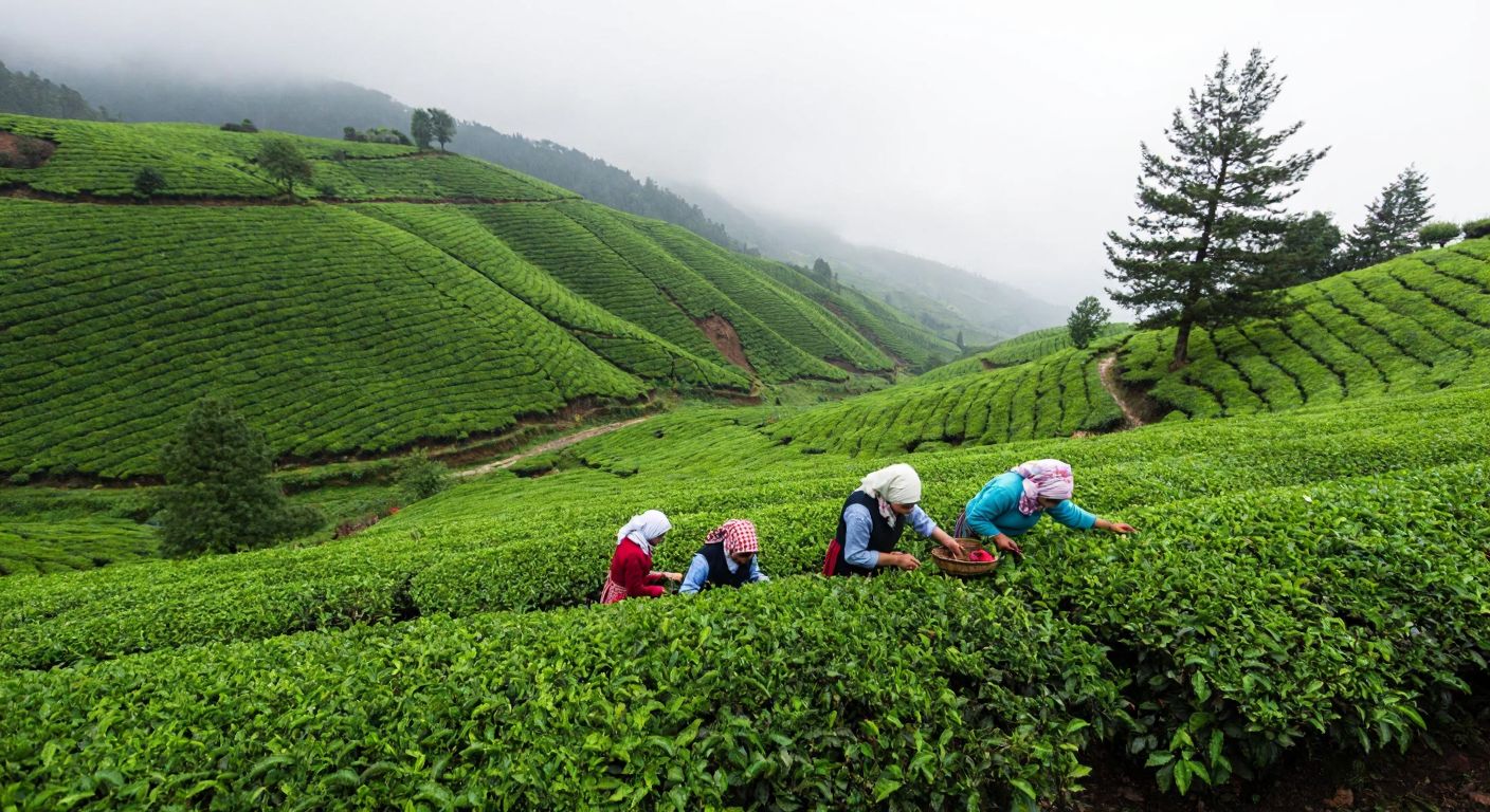 A lush green tea plantation stretches across rolling hills under a misty sky in Rize, with workers in traditional Turkish attire carefully harvesting fresh tea leaves by hand.