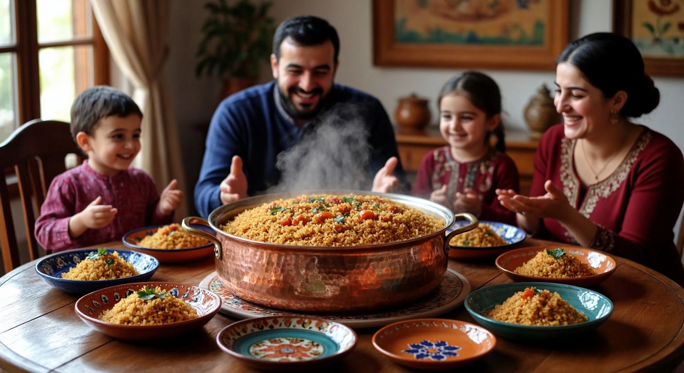 A large copper pot of steaming bulgur pilaf sits on a wooden table surrounded by six to ten colorful ceramic plates, with a Turkish family smiling and gesturing toward the dish.
