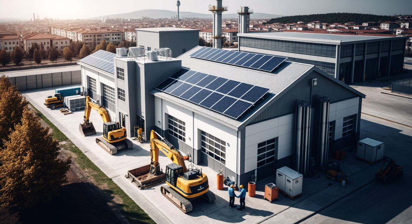 A modern industrial facility in Istanbul with solar panels on the roof, workers assembling heavy machinery, and engineers reviewing blueprints for renewable energy projects.