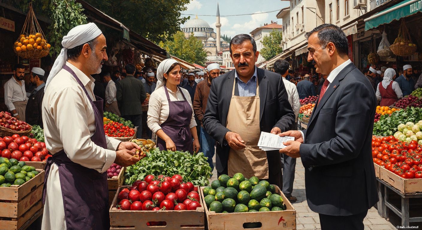 A bustling Turkish marketplace with vendors in aprons handing invoices to customers, while a government official in a formal suit observes, and a farmer in traditional attire presents a receipt near crates of fresh produce.