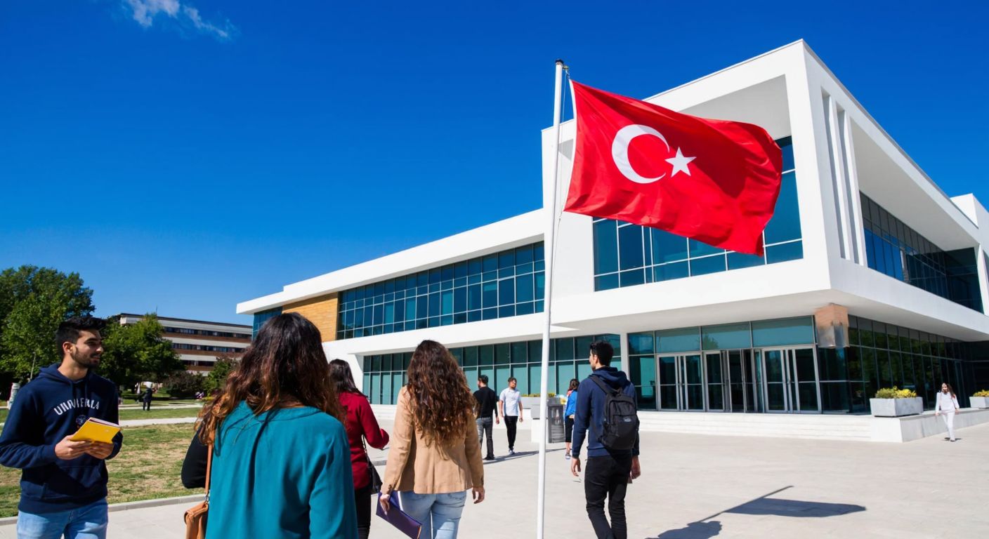 A modern university building with a Turkish flag waving in front, surrounded by students in casual attire carrying books and chatting, under a bright blue sky.