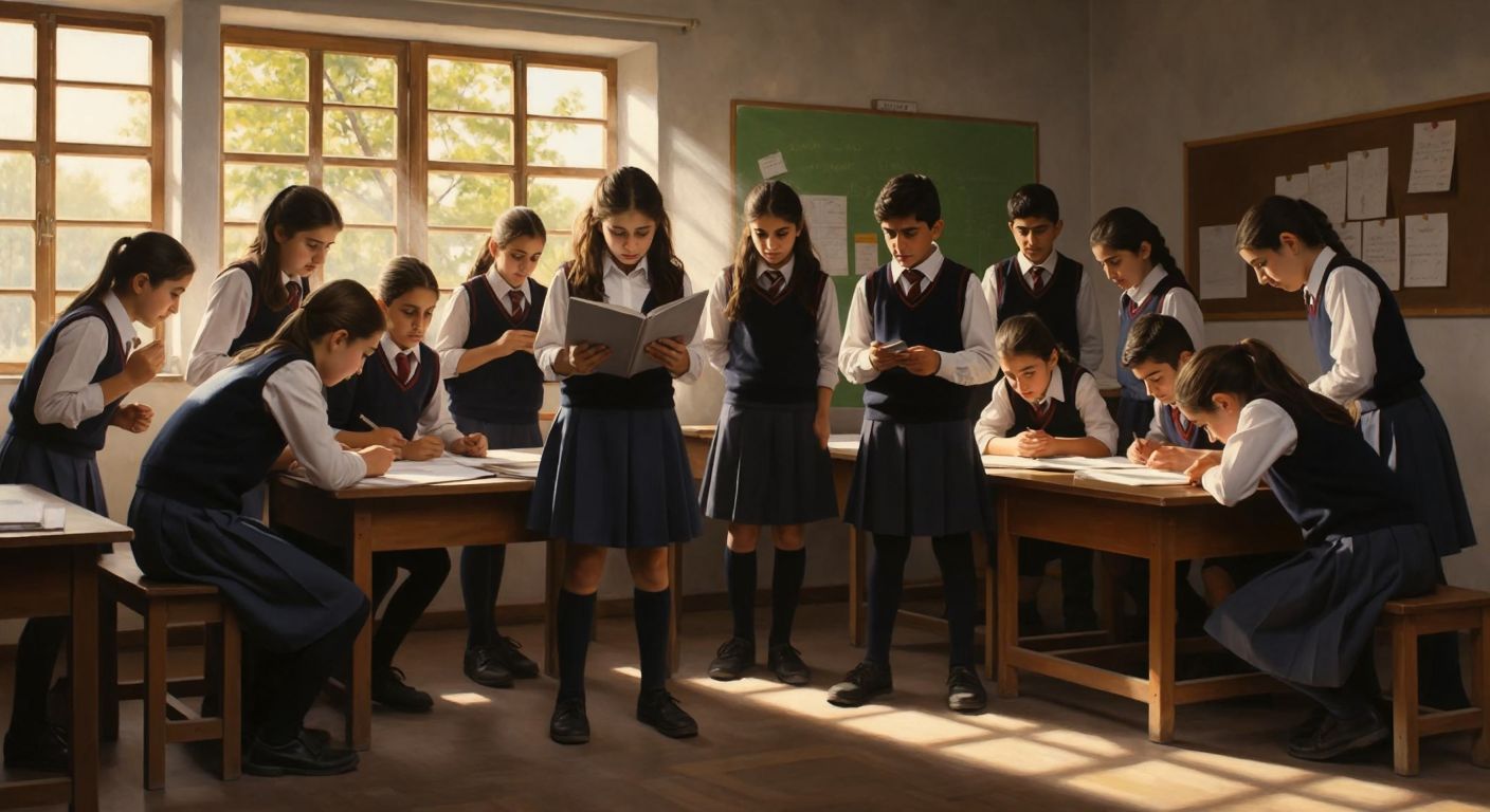 A group of anxious Turkish students in school uniforms huddle around a bulletin board in a sunlit classroom, their faces a mix of anticipation and worry, while a teacher in the background organizes papers.