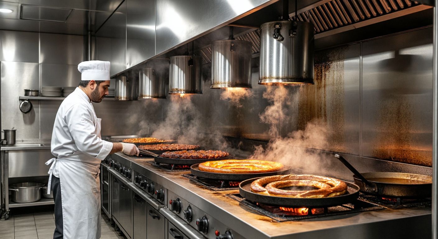 A bustling Turkish industrial kitchen with gleaming stainless steel equipment—a döner grill sizzling, a row of çay kazanları steaming, and a chef in a white apron inspecting a freshly baked simit from a commercial oven.