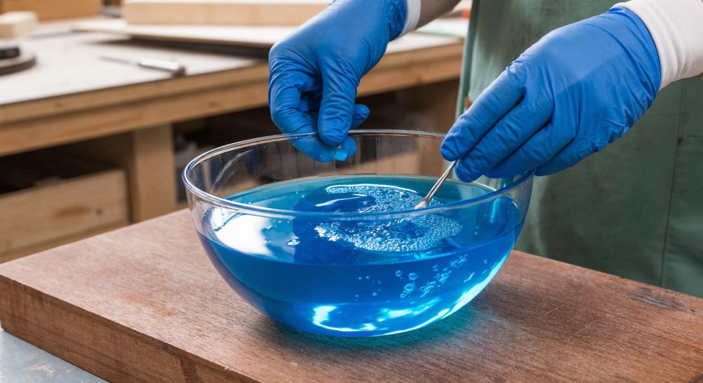 A pair of hands wearing gloves carefully mixing vibrant blue epoxy resin in a clear glass bowl, with small bubbles rising to the surface, set on a wooden workbench in a well-lit Turkish workshop.