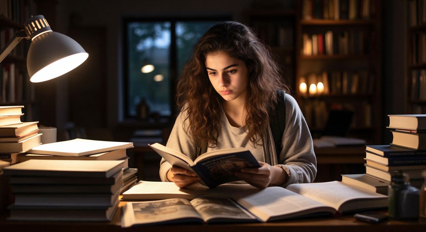 A young Turkish student with focused eyes rapidly flipping through a book under warm lamplight, surrounded by stacks of textbooks and a laptop displaying a blurred reading exercise.