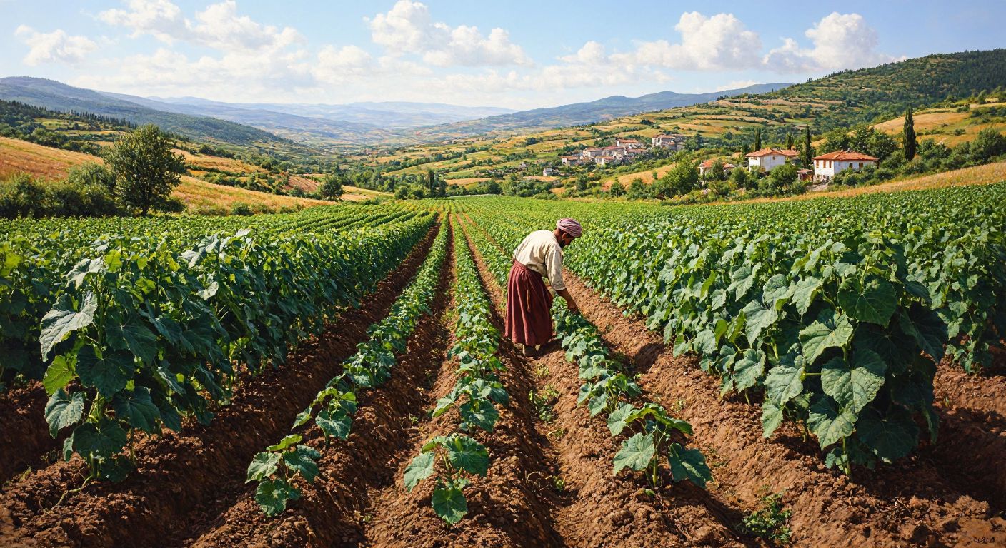 A sunlit Turkish countryside with lush green cucumber vines sprawling across fertile soil, tended by a farmer in traditional attire, surrounded by rolling hills and a distant village.