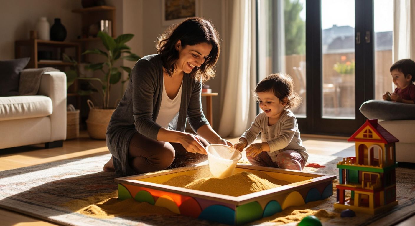 A smiling Turkish mother in a bright, sunlit living room kneels beside a colorful kinetic sand play pool, carefully sifting the sand through a sieve while her curious toddler watches with delight.