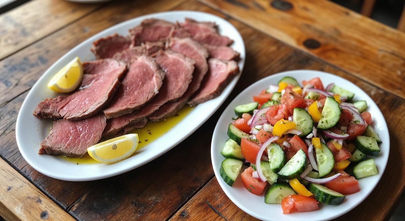 A rustic wooden table in a Turkish kitchen holds two plates: one with thinly sliced, tender cold meat drizzled with olive oil and lemon, and another with a colorful mix of fresh chopped tomatoes, cucumbers, peppers, and onions, lightly dressed.
