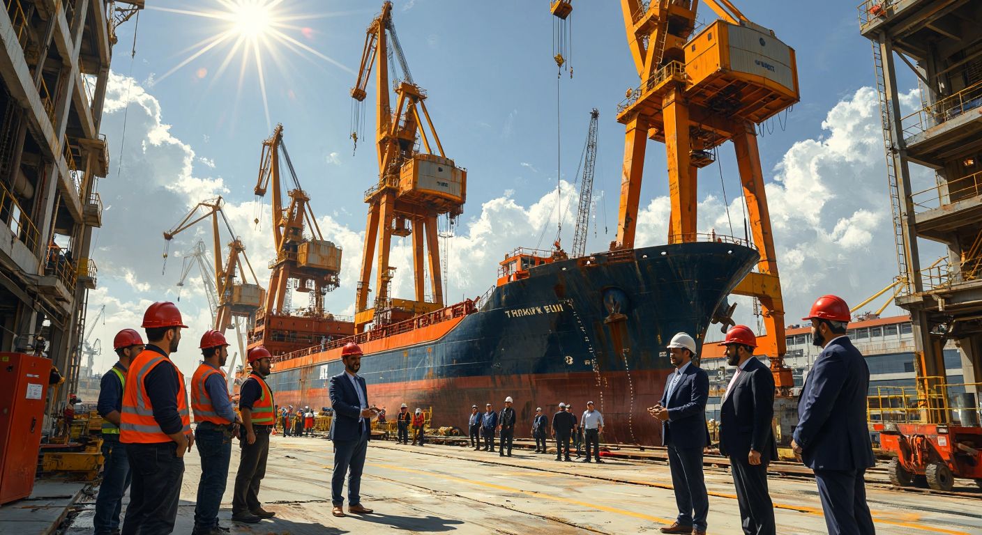 A bustling Turkish shipyard with massive cranes in the background, workers in hard hats inspecting a half-built vessel, and a group of executives in suits shaking hands near a signless office building under a bright sun.