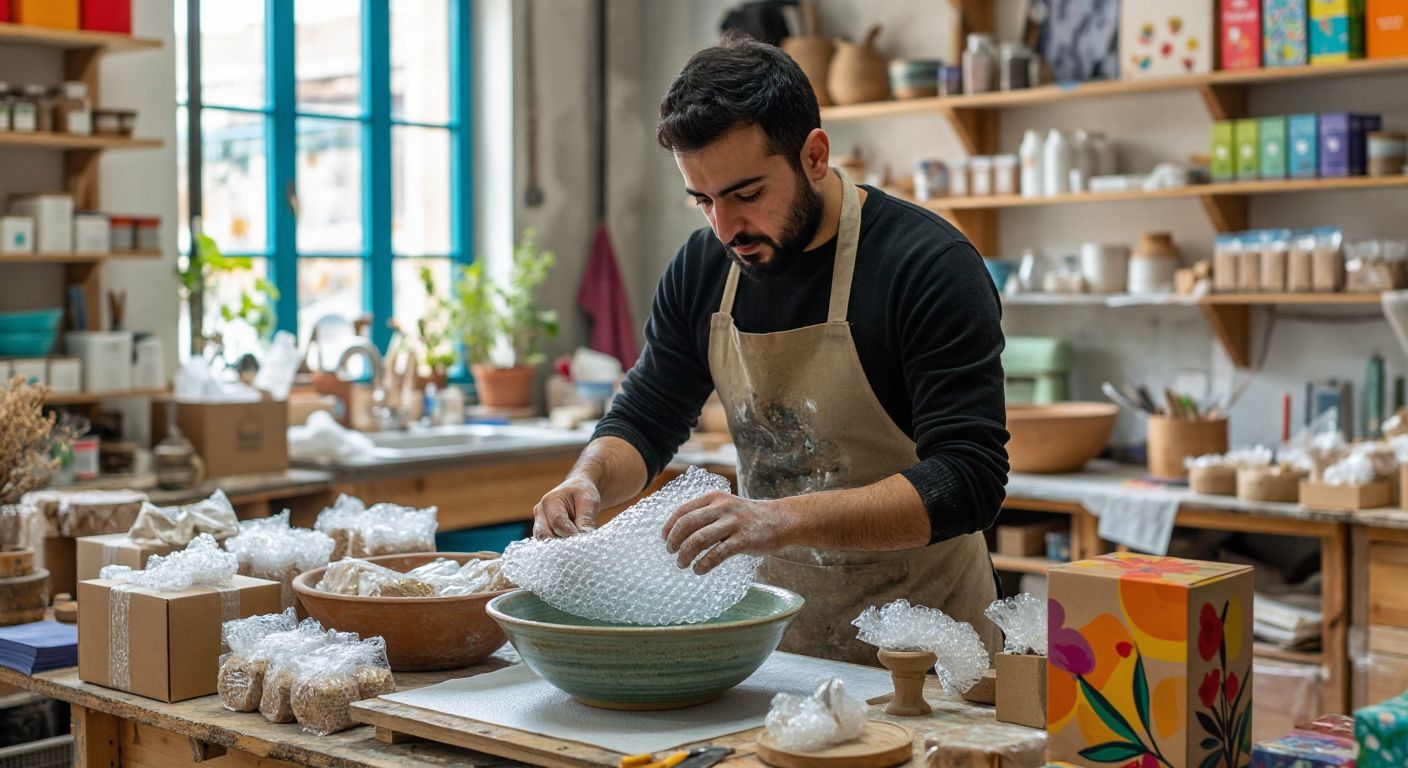 A Turkish artisan carefully wraps a ceramic bowl in bubble wrap inside a bustling Istanbul workshop, while colorful, eco-friendly packaging materials and branded boxes with vibrant designs surround them.