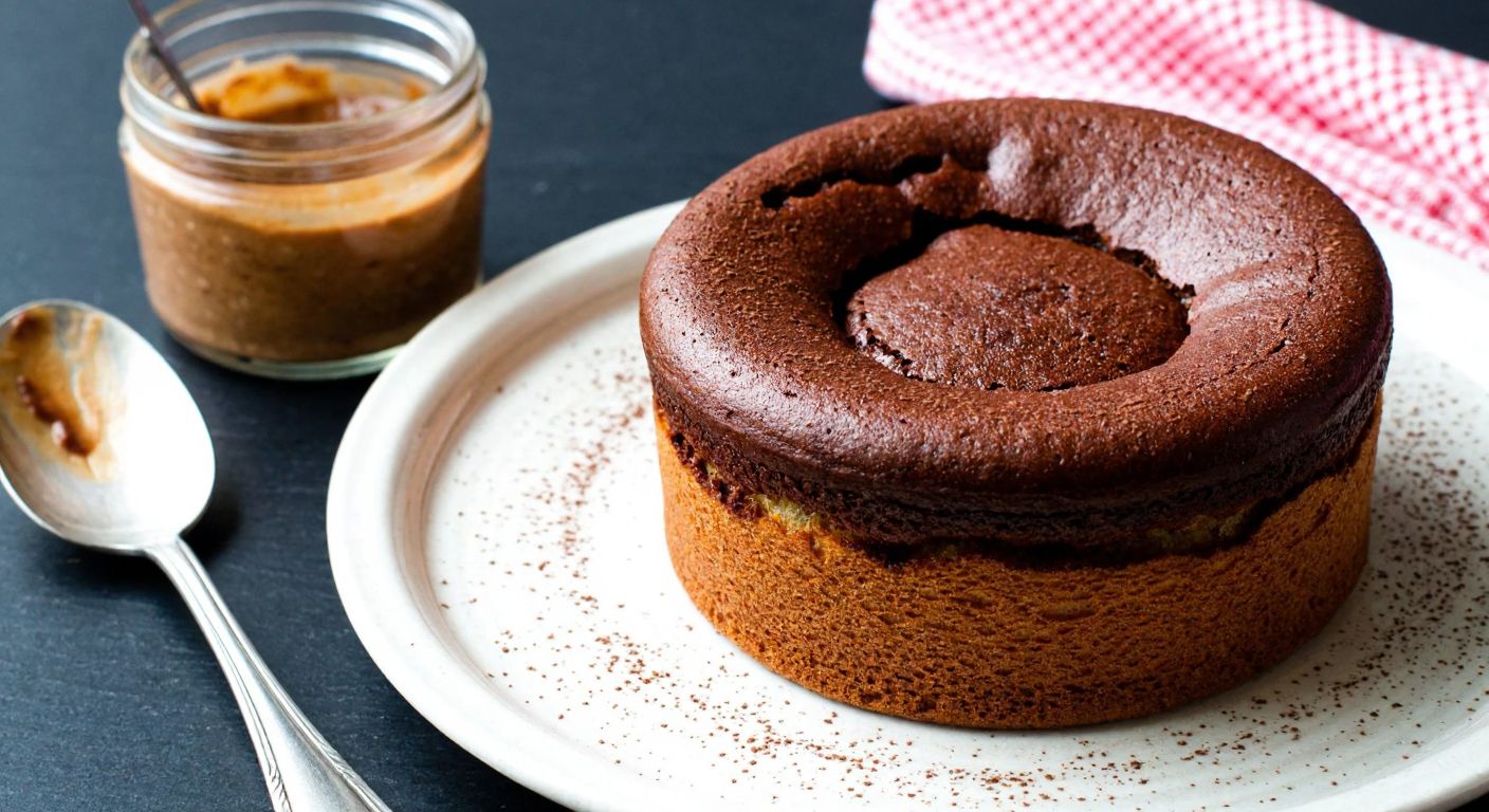 A warm, golden-brown chocolate soufflé with a soft, airy center, dusted lightly with cocoa powder, sitting on a rustic Turkish ceramic plate beside a small jar of hazelnut spread and a spoon.