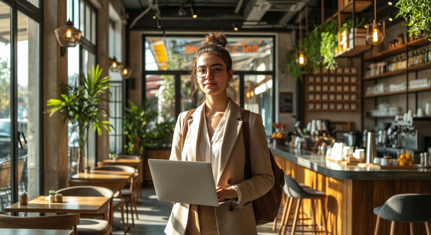 A young professional in a modern Istanbul café, confidently holding a laptop while surrounded by symbols of diverse careers—a hotel reception desk, a freelance designer's sketchbook, a headset for call center work, and a translator's dictionary—all bathed in warm, hopeful sunlight.
