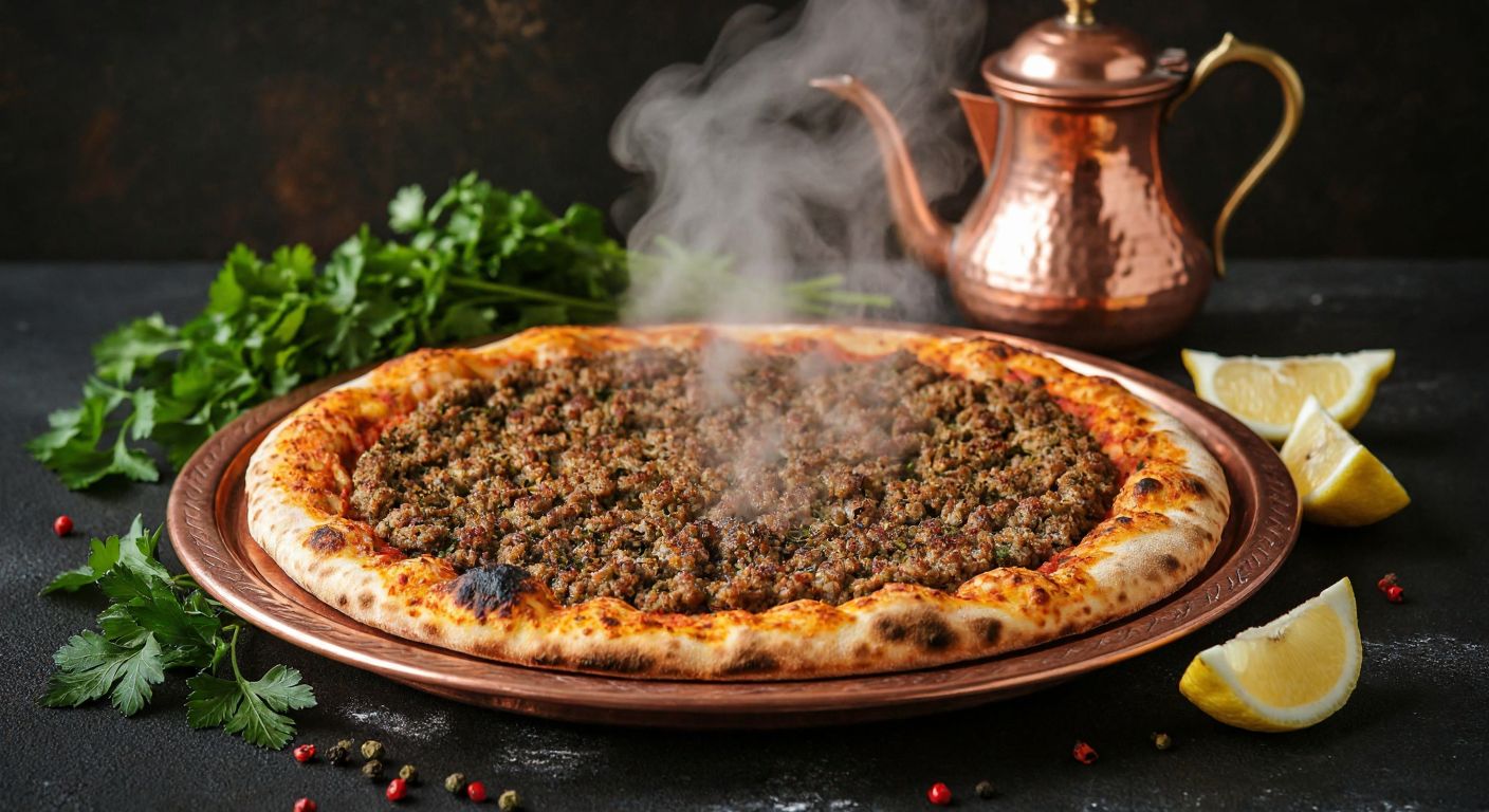 A steaming, golden-brown Urfa lahmacun fresh from a wood-fired oven, topped with finely minced meat and aromatic spices, placed on a traditional Turkish copper tray alongside fresh parsley and lemon wedges.