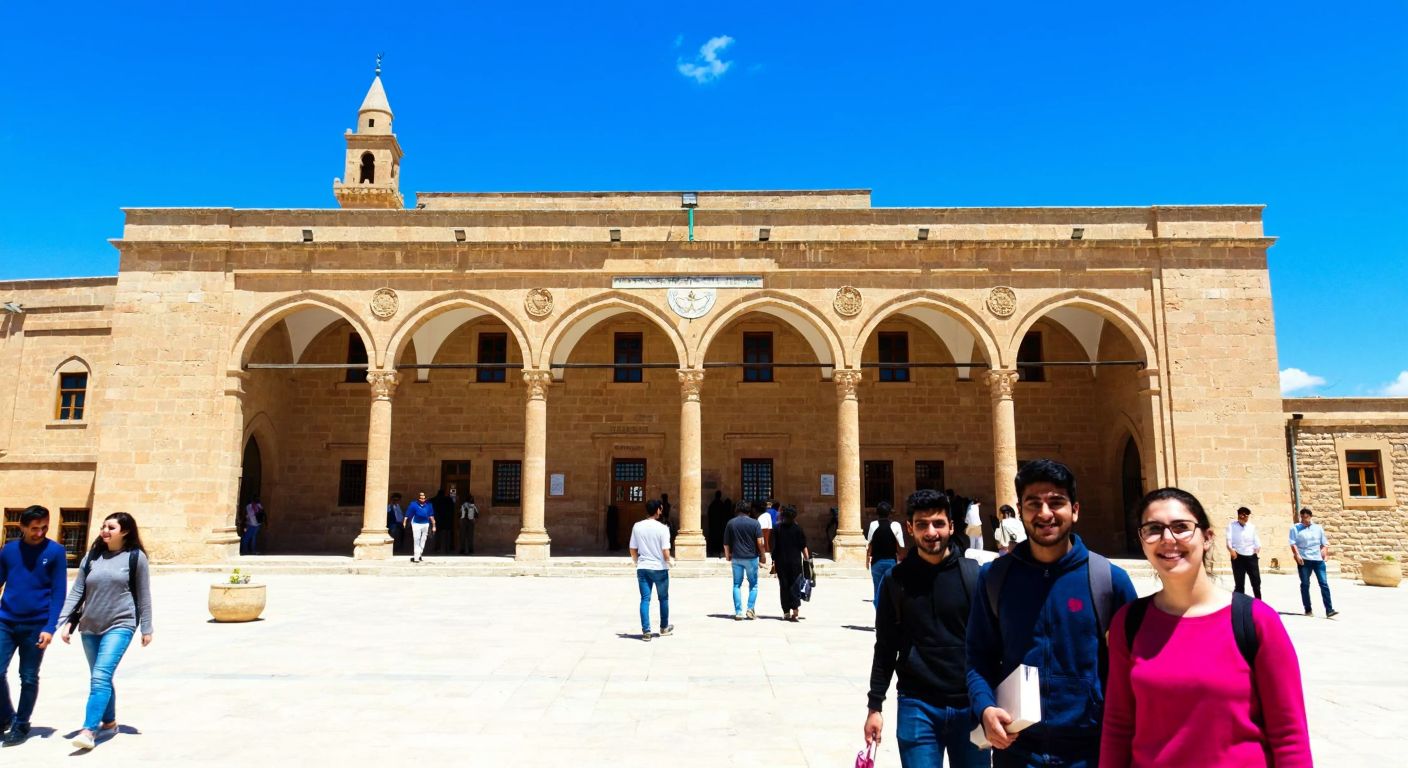 A grand stone university building in Mardin with traditional Turkish architectural arches, under a bright blue sky, surrounded by students carrying books and smiling.