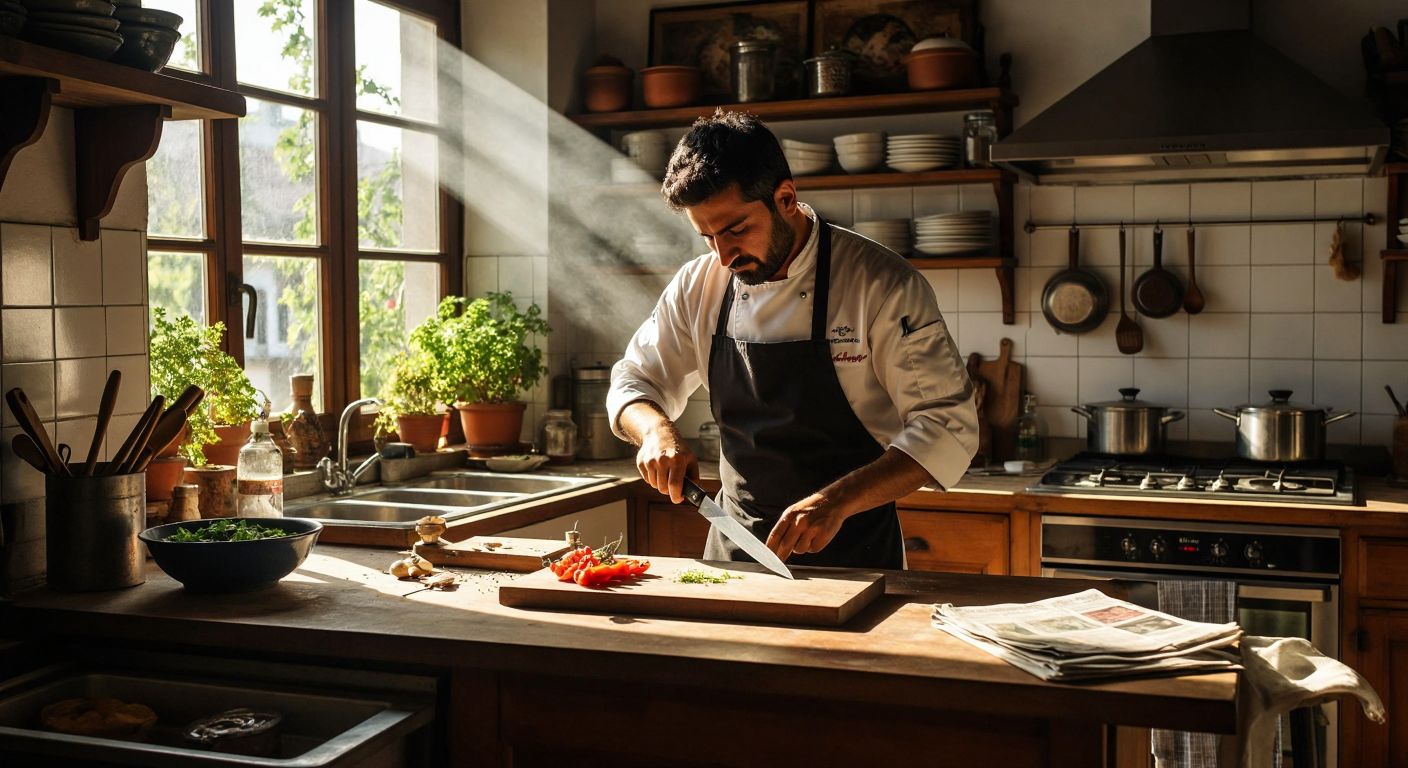 A Turkish chef in a sunlit kitchen carefully sharpens a gleaming knife against a honing steel, with a whetstone and newspaper nearby on a wooden counter.