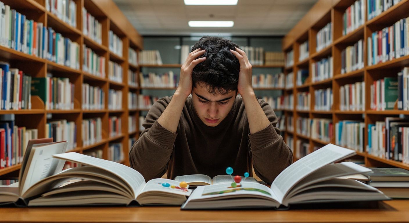 A confused student in a Turkish university library, surrounded by open biology and environmental science textbooks, scratching their head while looking at a diagram of carbon emissions and a mitochondrial electron transport chain.