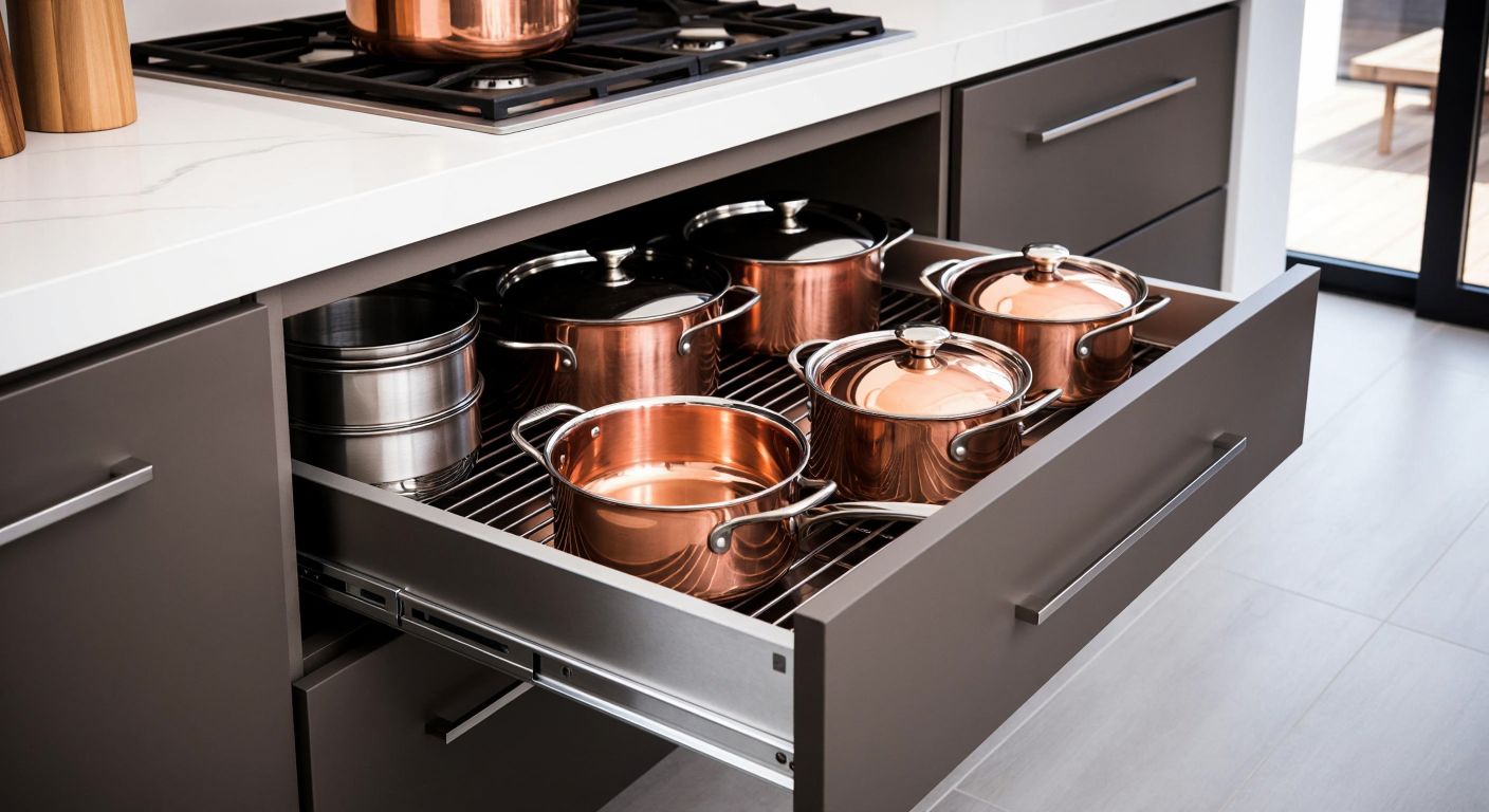 A sleek, deep kitchen drawer made of polished steel, fully extended to reveal neatly stacked copper pots and pans inside a modern Turkish home.