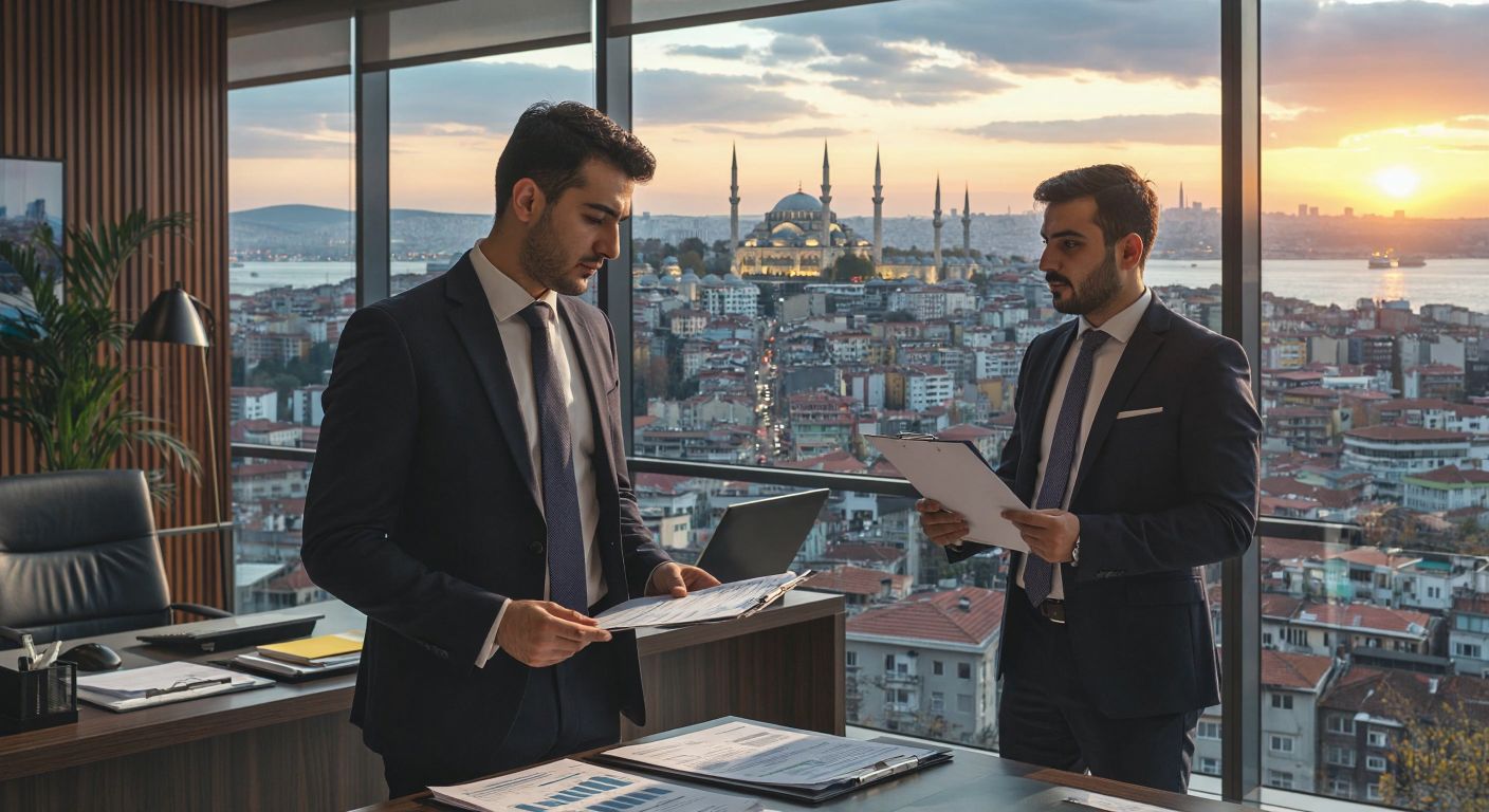 A well-dressed Turkish businessman in a modern bank office confidently reviews financial documents while a banker in a crisp suit explains investment options, with a bustling Istanbul skyline visible through the window.
