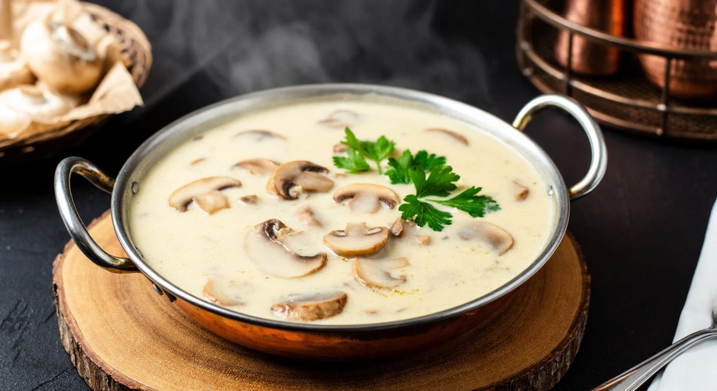 A steaming bowl of creamy mushroom soup with a smooth, gelatinous texture, garnished with fresh parsley, set on a rustic wooden table in a cozy Turkish kitchen.
