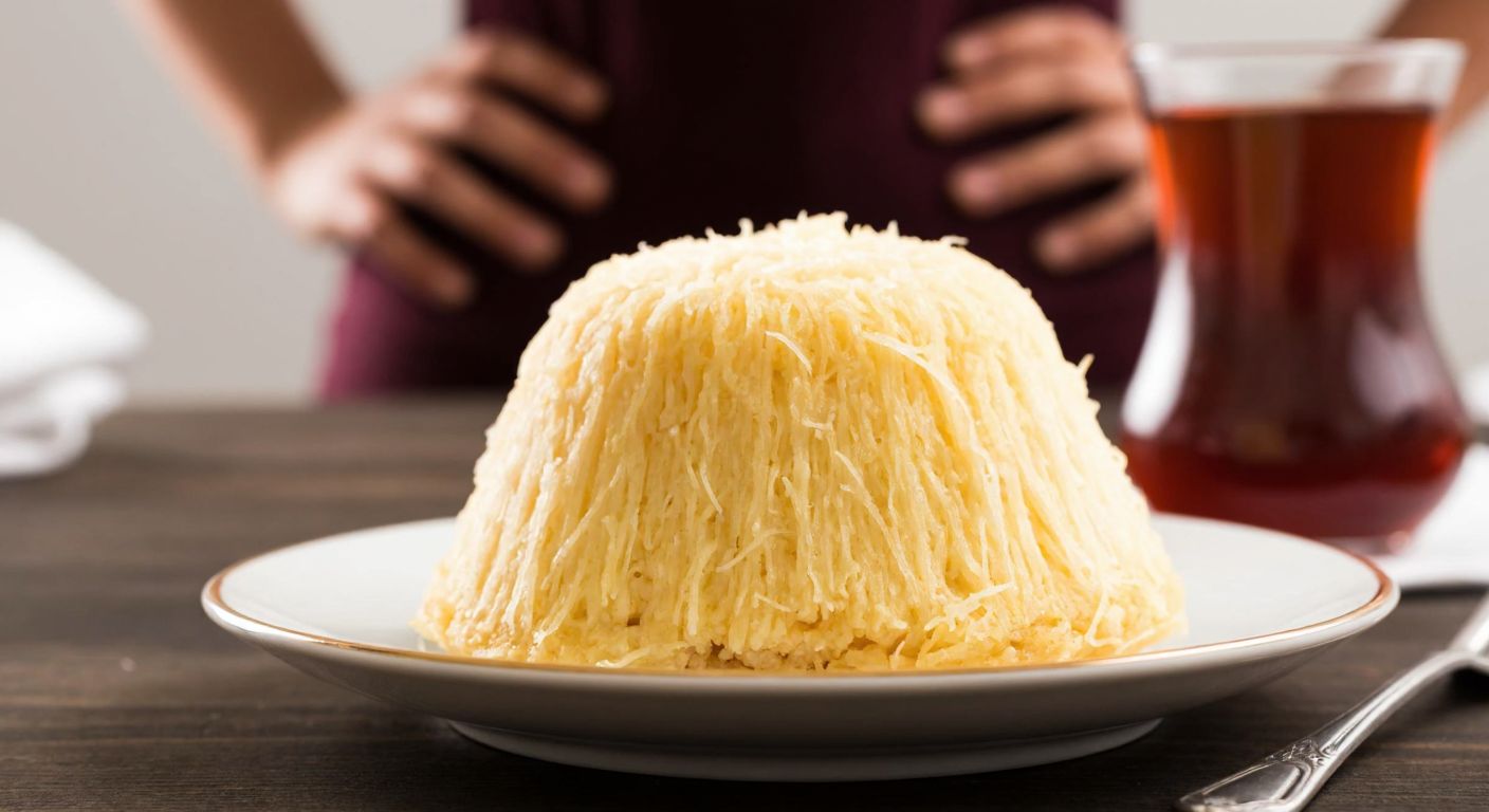 A close-up of a fluffy, golden-brown pişmaniye on a small plate, with a blurred background of a traditional Turkish tea glass and a worried person holding their stomach, symbolizing the health concerns mentioned.