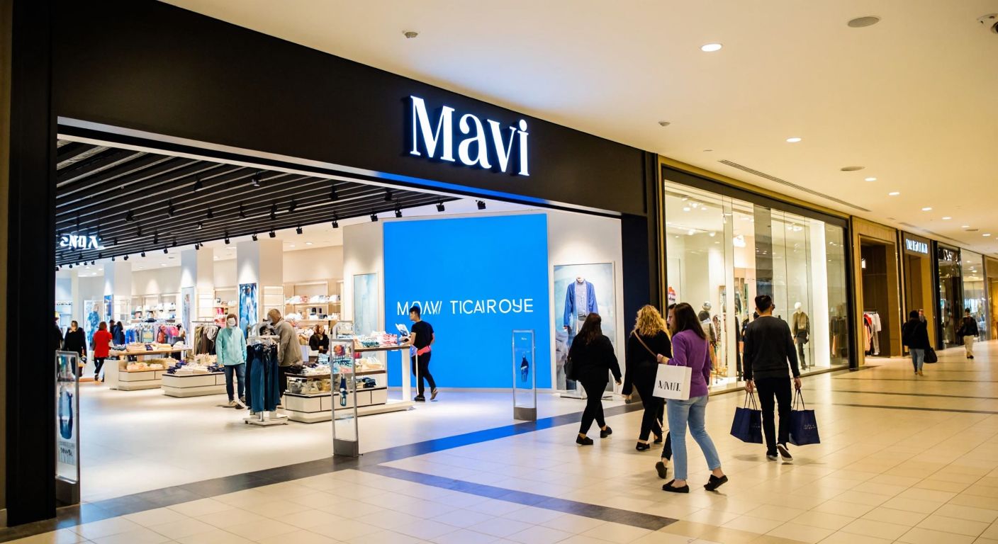 A bustling shopping mall in Istanbul with a bright Mavi storefront, shoppers carrying branded bags, and a modern glass-and-steel interior under warm lighting.