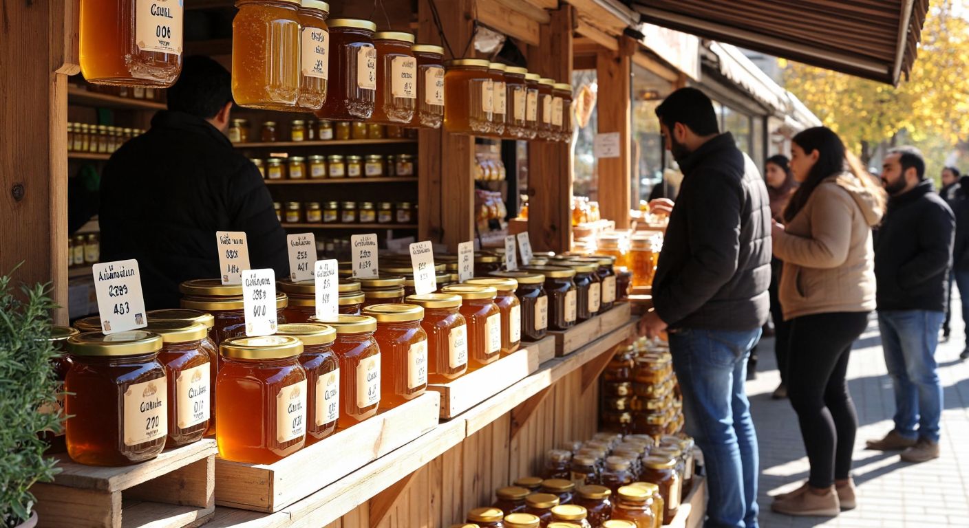 A wooden market stall in Ankara displays jars of golden AOÇ honey with varying price tags, surrounded by curious shoppers in casual attire examining the products under warm sunlight.