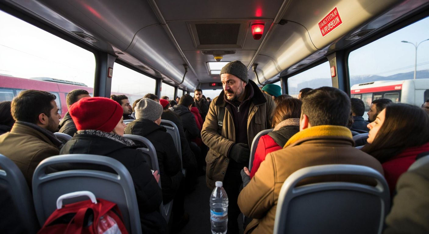 A crowded Turkish intercity bus with passengers in warm clothing, a concerned traveler whispering to the bus attendant, a red emergency button on the ceiling, and a plastic water bottle tucked under a seat.