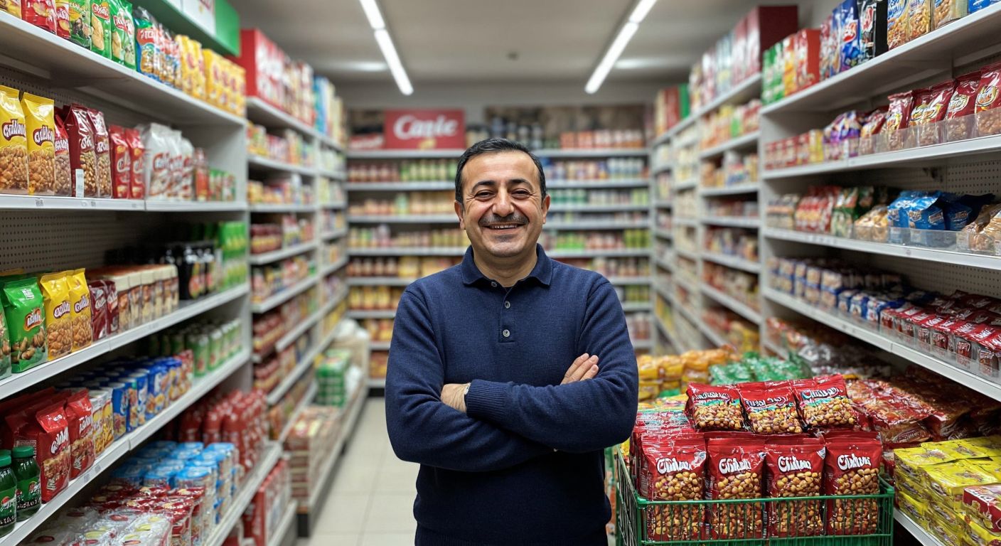 A small Turkish grocery store with colorful shelves of snacks and drinks, where a middle-aged shopkeeper smiles while upbeat, generic pop music plays from a hidden speaker, creating a lively atmosphere for customers browsing the aisles.
