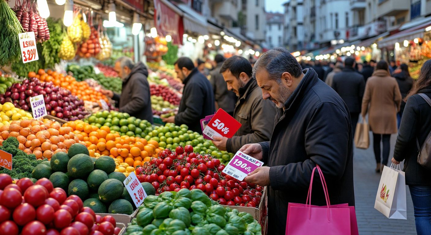 A bustling Turkish bazaar with vendors stacking colorful discount tags on fresh produce while shoppers excitedly compare prices, their hands full of shopping bags and loyalty cards.