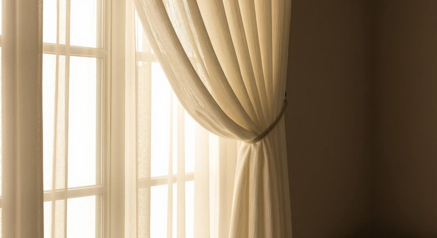 A close-up of a smooth, white curtain rail with a thin, taut string running through it, set against a sunlit window with sheer curtains in a Turkish home.