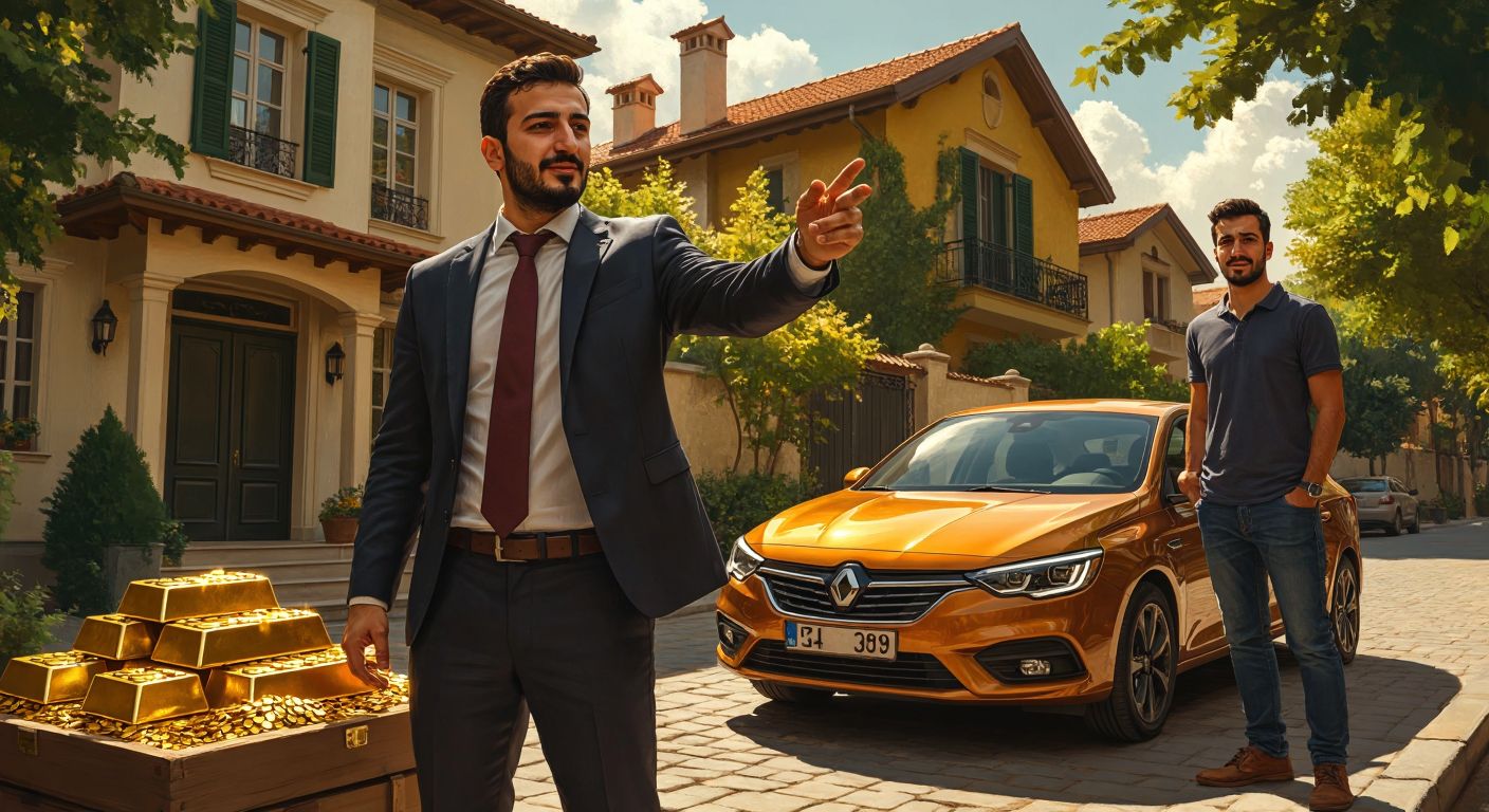 A confident Turkish financial expert in a suit gestures toward a house and gold bars, while a humble man in casual clothes proudly stands beside a modest car, both set against a warm, sunlit urban backdrop.