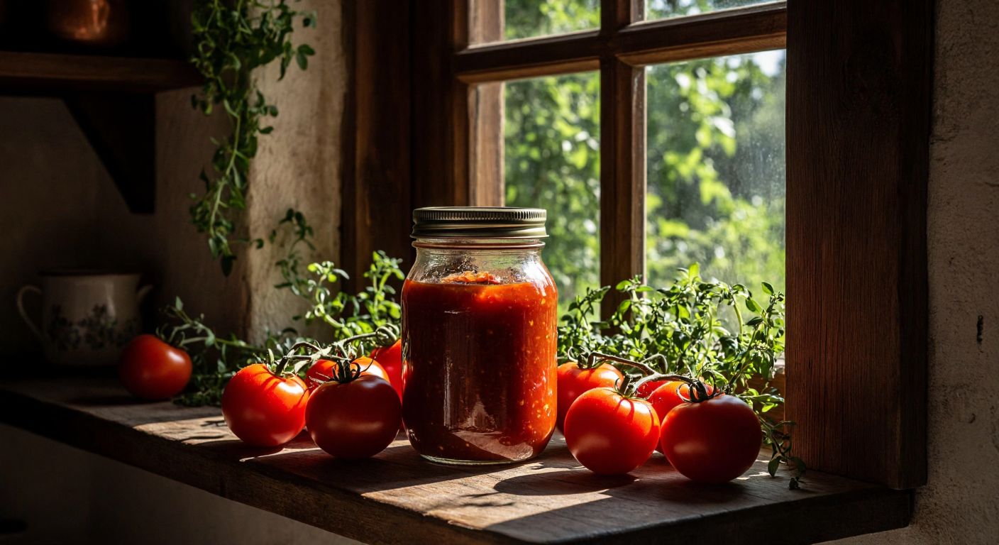 A rustic Turkish kitchen with a glass jar of rich red tomato paste placed on a wooden shelf, surrounded by fresh tomatoes and herbs, bathed in warm sunlight filtering through a small window.