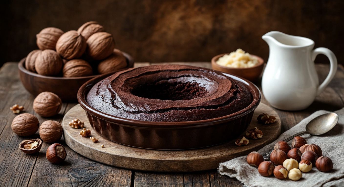 A rustic wooden table in a Turkish kitchen holds a bowl of dark chocolate truffle dough, surrounded by ingredients like cocoa-dusted baton cake, chopped walnuts, a small pitcher of cream, and a scattering of hazelnuts, evoking warmth and indulgence.